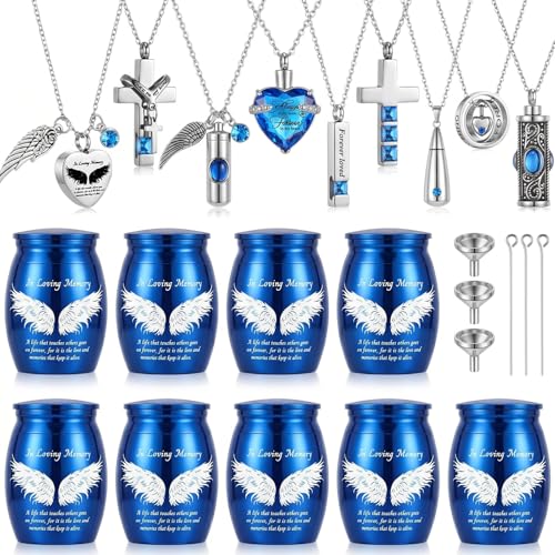 Ecation 18 Pcs Small Cremation Urns and Ashes Necklace Set, Blue