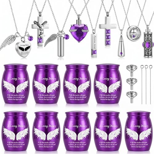 Ecation 18 Pcs Small Cremation Urns and Ashes Necklace Set, Purple