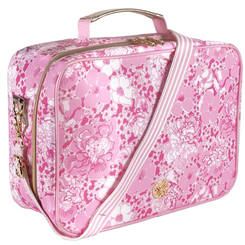 Lilly Pulitzer insulated lunch bag in Conch Shell Pink with Burst of Joy pattern, featuring a lightweight design and zipper closure.