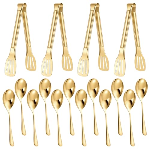 12pcs Gold Stainless Steel Serving Utensils Sets,8 Large Serving Spoons,4 Serving Tongs,Gold Serving Utensills Sets Metal Buffet Banquet Cutlery for Parties Weeding Birthday Entertaining Catering
