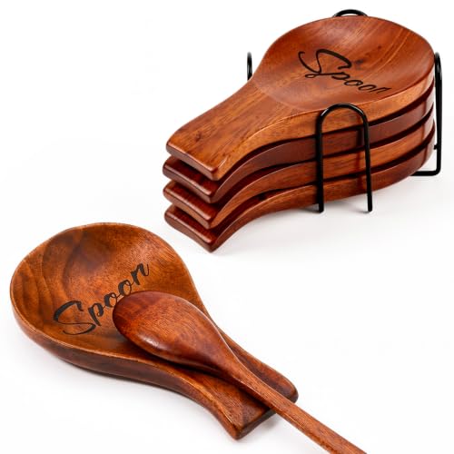 4 Pcs Wood Spoon Rest for Stove Top with Coaster Holder Wooden Spoon Holder Black Metal Storage for Spatula Ladles Tong Cooking Accessories Housewarming Gifts Modern Farmhouse Table Decor