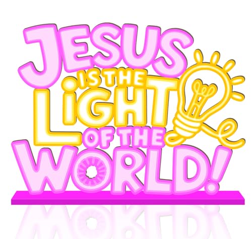 VBS 2026 Decorations Table Wooden Centerpiece 11.8x8.6 Inches Jesus is The Light of The World Religious Table Decorations Neon Style Vacation Bible School Tabletop for Christian Decor Supplies