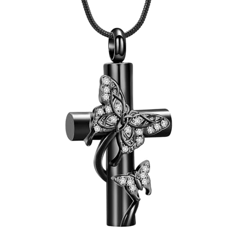 Butterfly Cross Urn Necklace for Ashes, Stainless Steel Memorial Keepsake Pendant for Men Women, Screw Top Seal Design Cremation Jewelry for Ashes Holder Cross Pendants for Ashe of Loved Black