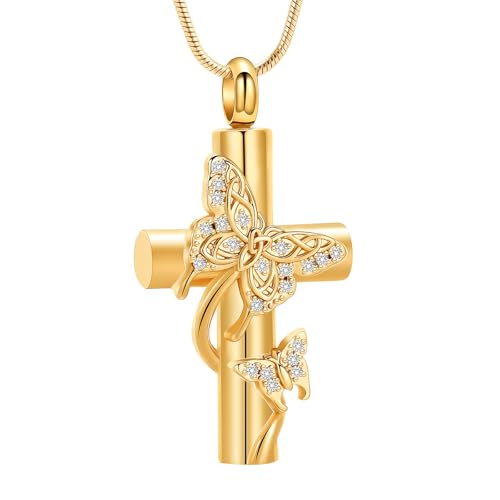 Butterfly Cross Urn Necklace for Ashes, Stainless Steel Memorial Keepsake Pendant for Men Women, Screw Top Seal Design Cremation Jewelry for Ashes Holder Cross Pendants for Ashe of Loved Gold