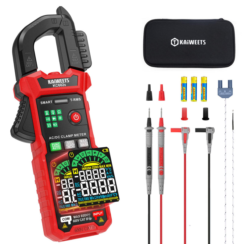 KAIWEETS Current Clamp 600A TRMS, Digital Current Meter with Auto Measurement, 6000 Counts, AC/DC Current & Voltage, NCV, Inrush Current, Resistance, Capacitance, Temperature, Diode & Continuity Test