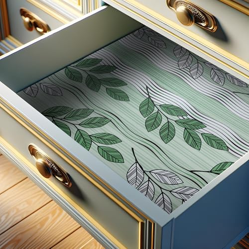 FIFTY FEET Green Leaves Shelf Liner for Kitchen Cabinets, 18 x 96 Inch x 5 Roll Non Adhesive Non Slip Drawer Liner, Washable Cabinet Liner for Shelves & Drawers 18*96inch*5 Roll