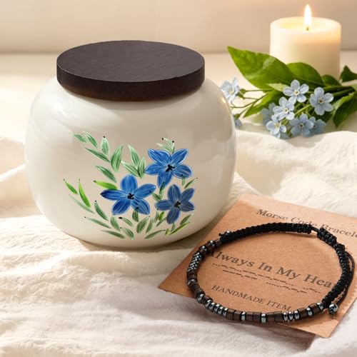 Dletay Small Urn for Human Ashes Keepsake 3.35Inches Flower Ceramic Mini Memorial Cremation Urn for Male Female Decorative Sharing Forget-me-not with Morse Code Bracelet Yellow 3.35''