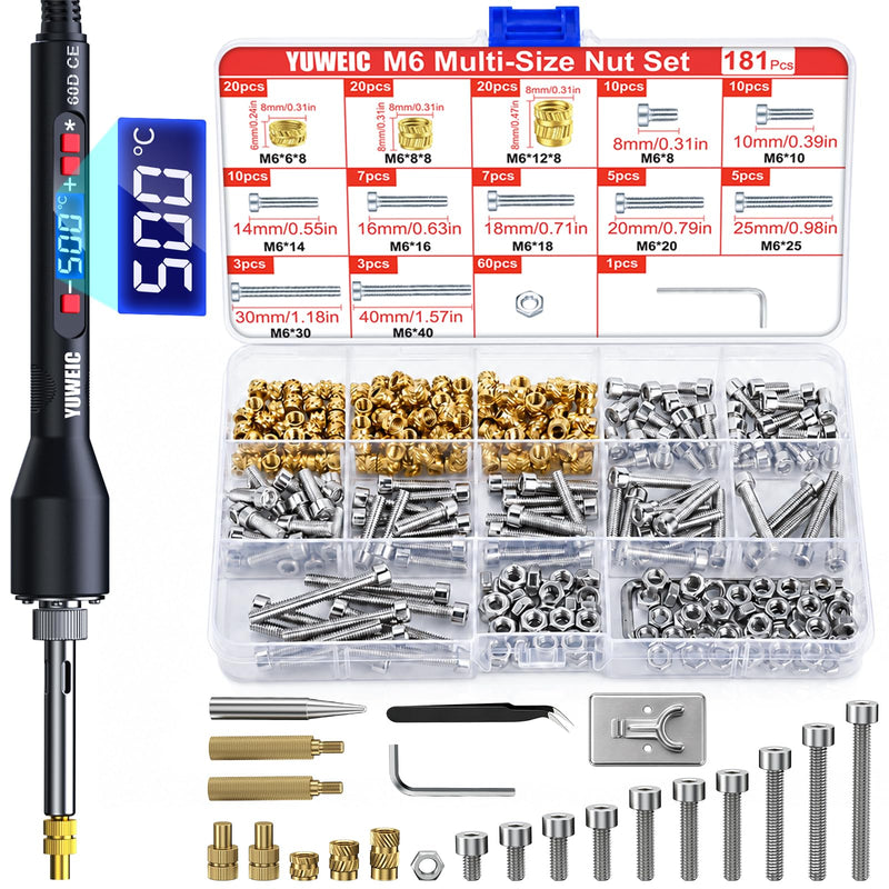 Thread insert set for heat insertion – 181 pieces with 60W digital soldering iron, stand, tweezers & M6 nuts, screws & covers for plastic thread repair and DIY projects