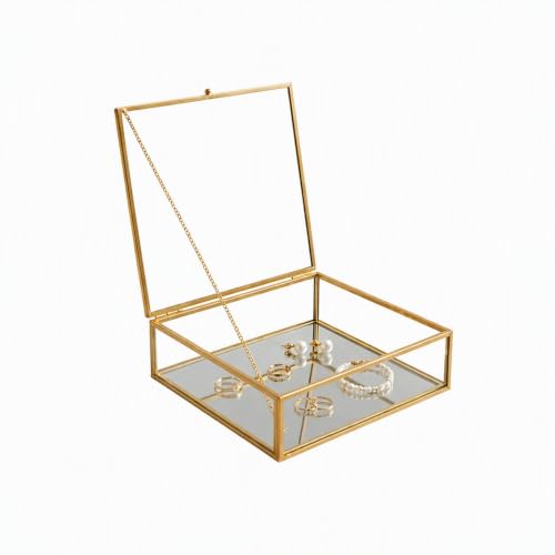 ZMG Vintage Glass Keepsake Box Gold Jewelry Display Case With Chain Lid Square Mirror