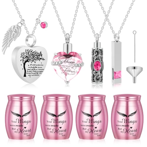 Small Urns & Necklaces for Human Ashes Set of 8, Memorial Keepsake Pink Pink Set