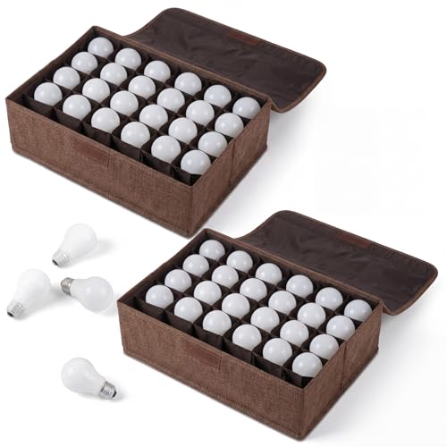 2 Pcs Light Bulb Organizer Storage Box Ornament Storage with 30 Dividers Foldable Bulbs Organizer with Lid Sturdy PP Board Fits Various Standard Dustproof Fabric Case for Home Vbs (Coffee) Coffee 2