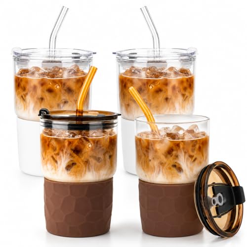 16oz Coffee Tumbler, Reusable Borosilicate Glass Cups with Lids and Straws 4 Packs-2White,2Coffee