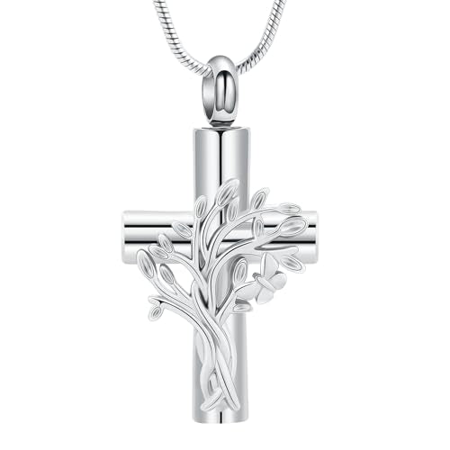 Cross Urn Necklace with Tree of Life Design Stainless Steel Cremation Jewelry for Ashes for Men Women Memorial Keepsake Pendant for Loved Ones Silver