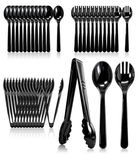 36 PCS Plastic Serving Utensils, Disposable Serving Spoons Forks Tongs for Buffet Serving Utensils Set for Parties Black Serving Utensils for Restaurant Dinner Salad Noodles Soup