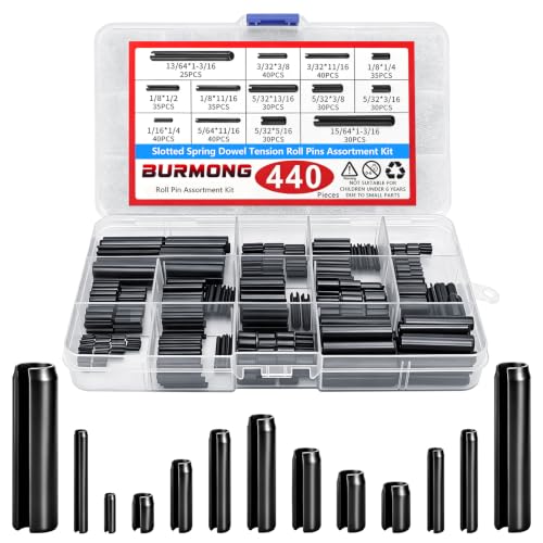 BURMONG 440-piece roll pin assortment kit with slotted steel spring pins in 13 sizes for repairs