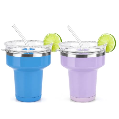 16 oz Insulated Margarita Tumbler with 360° Sippable Lid & Straws Ice Blue/Lilac 16 Ounces