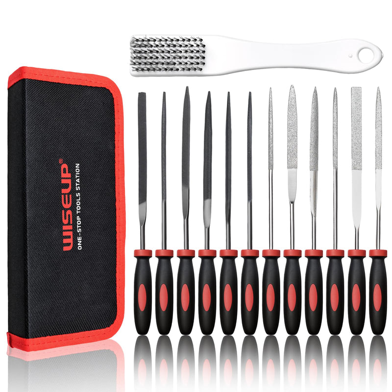 WISEUP 13 Piece Needle File Set with 6 Diamond Files and 6 Steel Files | Tool bag for jewelry, wood, plastic, metalwork and DIY enthusiasts
