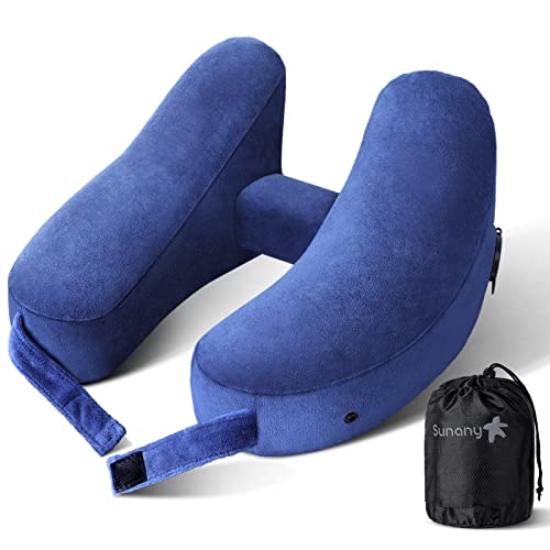Sunany Travel Neck Pillow for Airplane Pillow Comfortably Supports Head, Neck and Chin, Inflatable Travel Pillow with Soft Velour Cover and Portable Drawstring Bag (Blue, H-Shape) Navy Blue