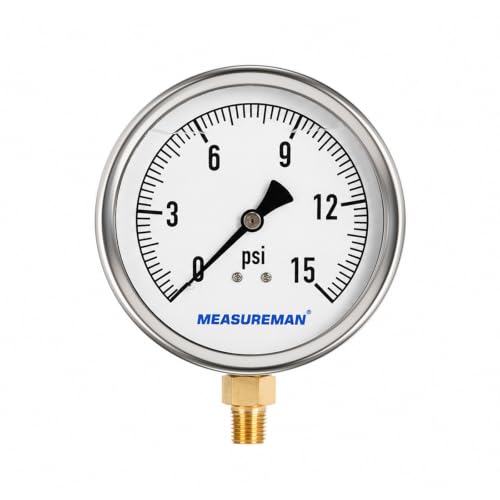 MEASUREMAN 4 Inch Glycerin-Filled Pressure Gauge, 0-15 PSI, 1/4 NPT