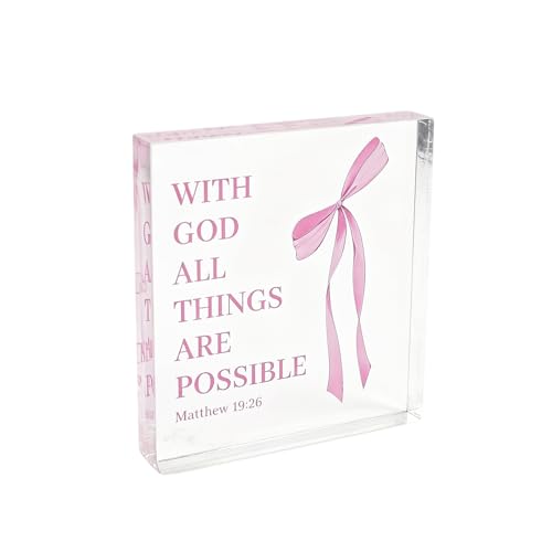 Pink Inspirational Decor Pray Over 4x4 Inch Matthew 19:26 Bible Verse Decor, Religious Inspirational Tabletop Ornament For Home Office Desk Accessories Gift For Women Believers Pink-1926