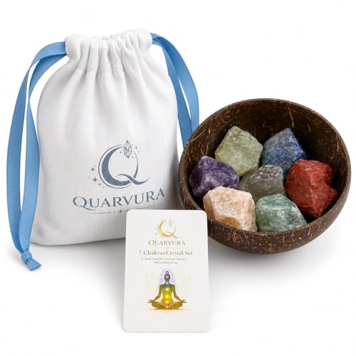 Natural Raw Healing Crystals and Chakra Stones for Reiki, Meditation and Energy Balancing,7 Chakra Crystal Set with Coconut Shell Bowl and Drawstring Pouch