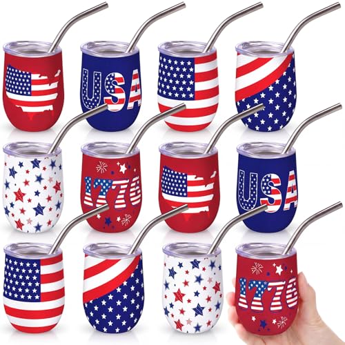 12 Pcs 4th of July Mini Shot Glasses 3 oz Patriotic Red White Blue USA Mini Tumblers with Lids and Straws Stainless Steel Insulated Cups for Independence Day Memorial Day Party Supplies