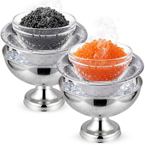 2 Set Caviar Serving Set with Steel Cover 3" Glass Chiller Bowl 2 3"