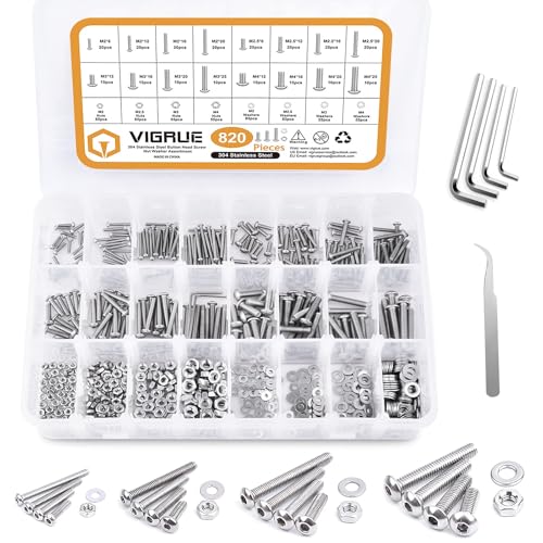 VIGRUE 820-piece 304 stainless steel metric screw assortment kit with M2-M4 button head bolts, nuts and washers