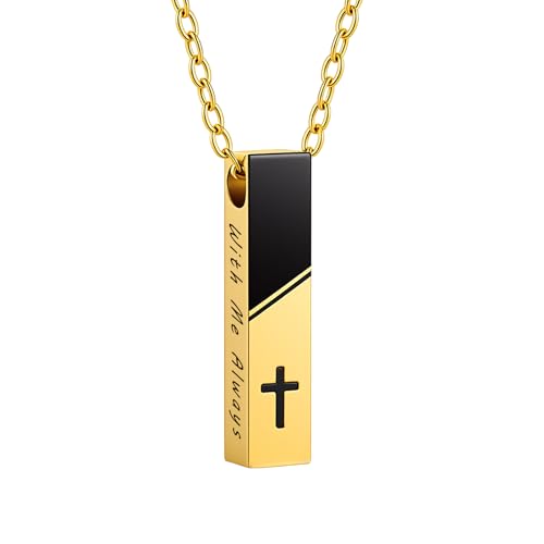 Cremation Jewelry Bar Urn Necklace for Ashes Cross Pattern Cube Ash Pendant with Mini Keepsake Urn Memorial Ashes Jewelry for Women Men - With Me Always Gold-With Me Always