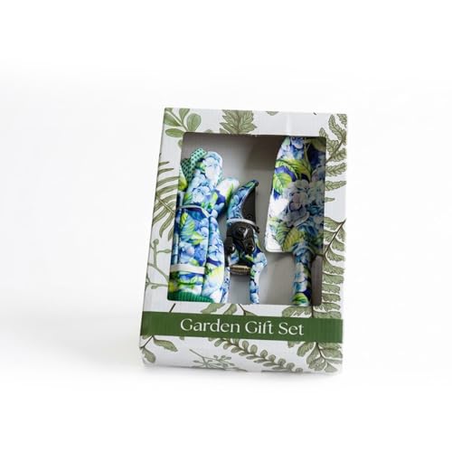 Elanze Designs hydrangea print gardening gift set with floral gloves, steel pruner and trowel