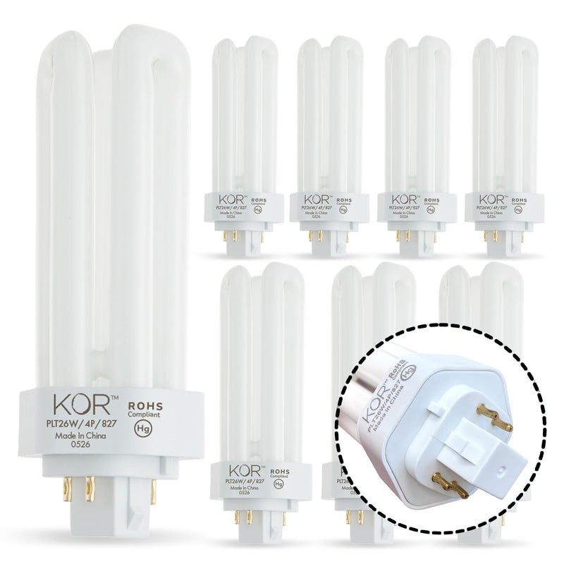 KOR (Pack of 8) PL26W/3U/4P/2700K - 26 Watt Triple Tube - GX24Q-3 (4 Pin) Base - 2700K Warm White - Compact Fluorescent Light Bulb 8 Pack