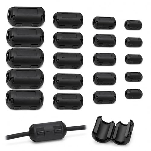 Pack of 20 Ferrite Cores for Cables, Ferrite Core, Folding Ferrite, RF Emi Noise Reduction Cable Clip, with 5 mm/7 mm/9 mm/13 mm Inner Diameter, for USB Cable, Audio and Video Cable, Power Cord (Black