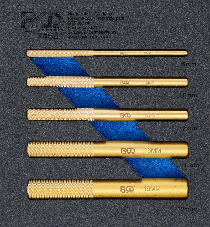 BGS 74681 Workshop Trolley Insert 1/6 Brass Mandrel Set 6-19 mm | 5-piece set. For driving out bearings, bolts, bushings | Round shaft | Handle with knurling | Hard foam insert