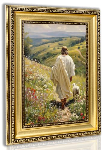 Jesus and Lamb Framed Canvas Wall Art Good Shepherd Lost Sheep12x16in Jesus Sheep Framed 16"L x 12"W