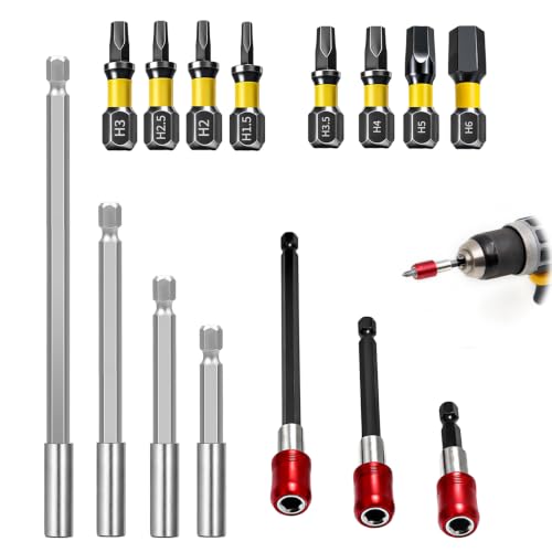 Bit Extension & Bit Holder Magnetic 1/4 Inch for Drills | 4 x hexagonal extensions 60-200 mm, 3 x self-locking 60-150 mm, 8 x bits H1.5-H6, variable length dimensions