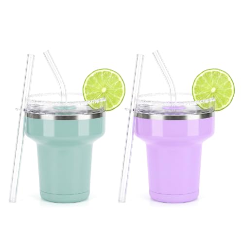 Tronco 16oz Margarita Tumbler, Insulated Cocktail Cup, Lid & Straw - 2 Pack PeaGreen/Purple 16 Ounces