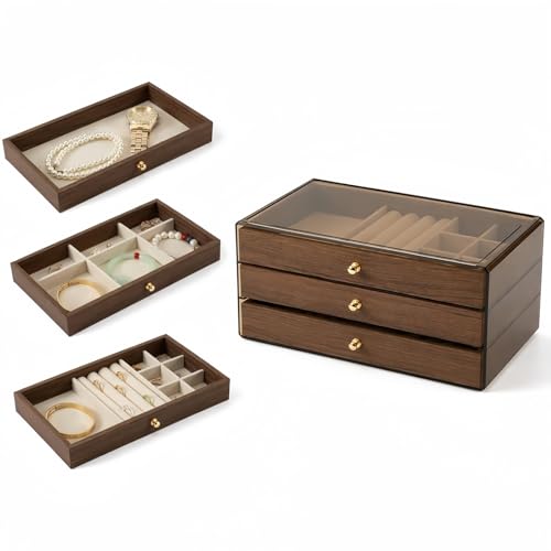 3 - Layer Wooden Drawers Jewelry Box for Women, Jewelry Organizer with Acrylic Cover & Velvet Lining - Adjustable Compartments for Earrings, Rings, Necklaces, Bracelets, Lipstick
