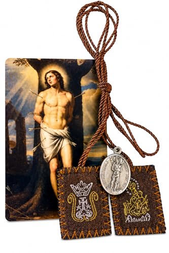 Westmon Works St. Sebastian Scapular Set with Medal & Prayer Card – Patron Saint of Athletes – Brown Cord Catholic Necklace with Embroidered Cloth – Made in USA Laminated Holy Card