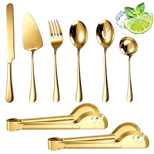 8 PCS Cutlery Serving Set Large, Stainless Steel Serving Utensils Include Serving Spoon,Slotted Spoon,Fork,Soup Ladle,TongsCake Server and Bread Knife (Gold) Gold