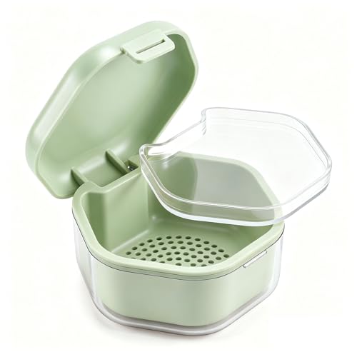 Braces Box with Strainer and Mirror, Portable Denture Box, Tooth Splint Box, Leak-Proof Dentures Container for Aligners, Retainers and Mouth Guards, BPA-Free (Light Green) light green