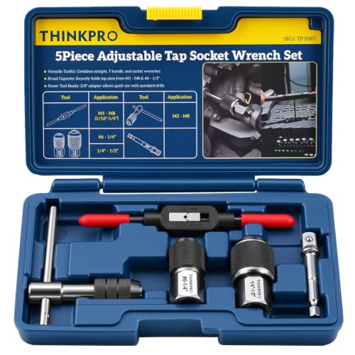 Thinkpro 5-piece tap wrench set with adjustable tap socket and T-handle for tap extraction