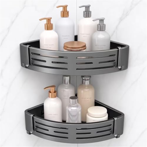 Maxoklife corner shower caddy with no-drill adhesive shelf for bathroom organization, featuring multiple storage compartments.