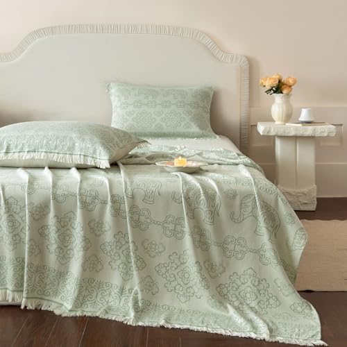 Twin Sage Green cotton boho reversible throw blanket by CinYana, showing soft fabric and stylish pattern for cozy decor.