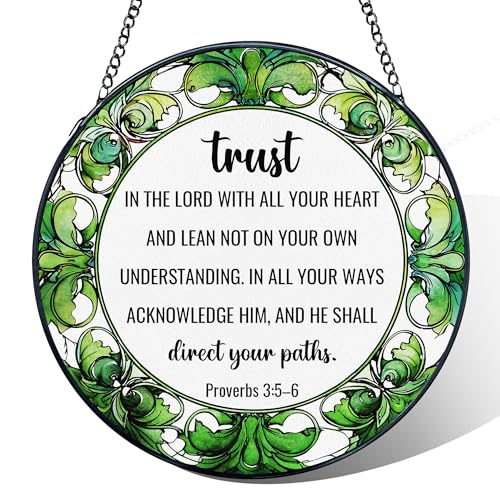 Christian Stained Glass Window Hanging, Bible Verse Suncatchers, Religious Scripture Proverbs 3:5-6 Sun Catchers Indoor Window Round Glass Wall Art Hanging Decorations, 7.9x7.9in Trust
