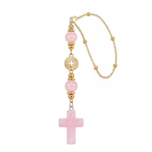 Crystal Cross Rearview Mirror Pendant, Rose Quartz Crucifix, Catholic Gift