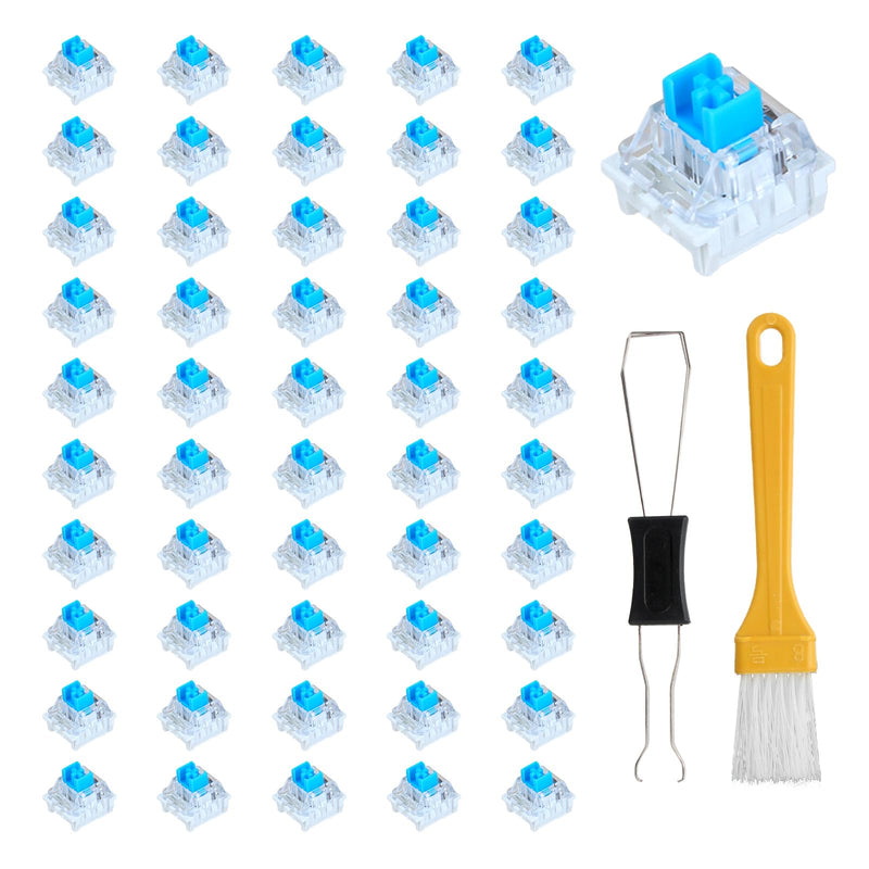 Pack of 50 Transparent Blue Axis Switches, Clicker Switches 3-Pin | Mechanical Keyboard Clicker with Puller and Cleaning Brush, Dustproof Switch for Gaming Keyboards, Typing, PC Accessories