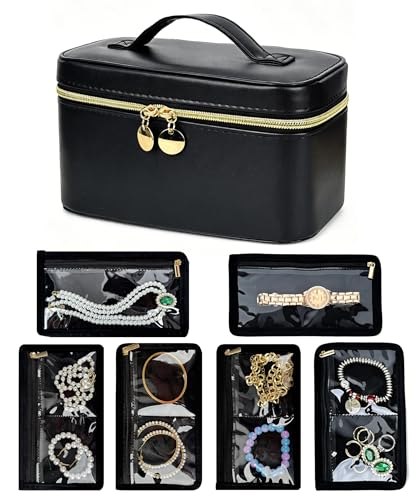 Large Travel Jewelry Box, Hard Shell PU Leather with 20 Zippered Clear Pockets for Earrings Rings Necklaces (Black) Black