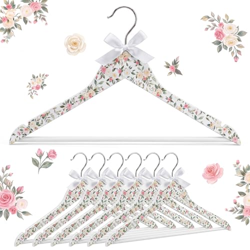 Junkin 6 Pcs Bridesmaid Hangers for Wedding Dress White Floral Bride Wooden Hanger for Bride Cute Bow Hangers for Bridal Shower Party Gift Tuxedo Photo