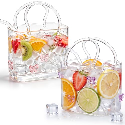 24oz Butterfly Glass Purse Cup with Straw, 2Pcs Pink & Purple Aesthetic Tote Glasses, Transparent Handbag Drinkware, Gift for Women Bridesmaid Birthday Party Travel Cocktail Iced Coffee