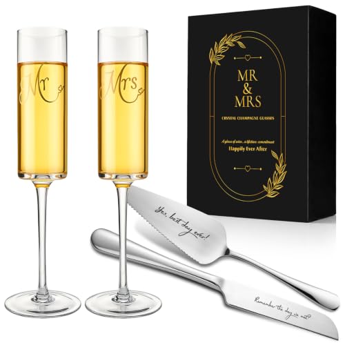 Wedding Cake Knife and Server Set with Mr & Mrs Champagne Flutes